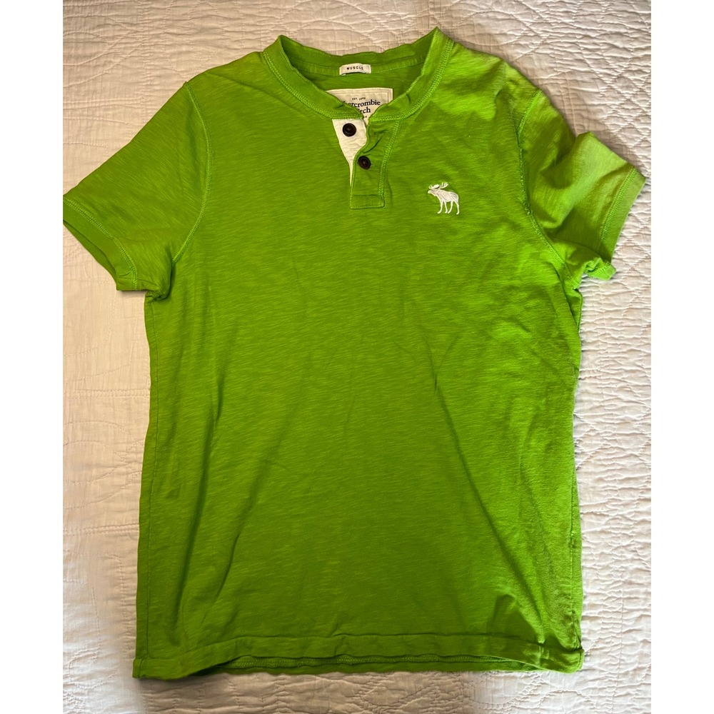 Abercrombie & Fitch Mens Muscle Fit Henley Shirt Lime Green Short Sleeve Large